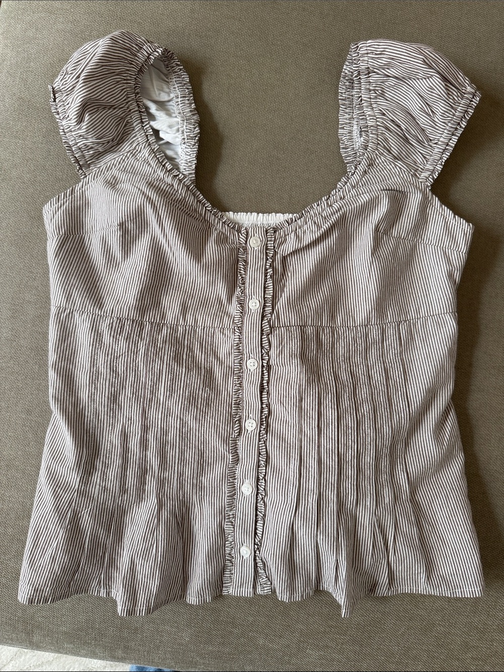 Hollister White & Brown Striped Puff-Sleeve Button Front Top